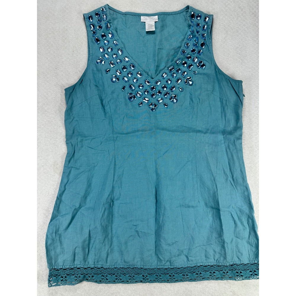 Soft Surroundings Teal Blue Linen Beaded V-Neck Tank Top Crochet Trim Medium M
